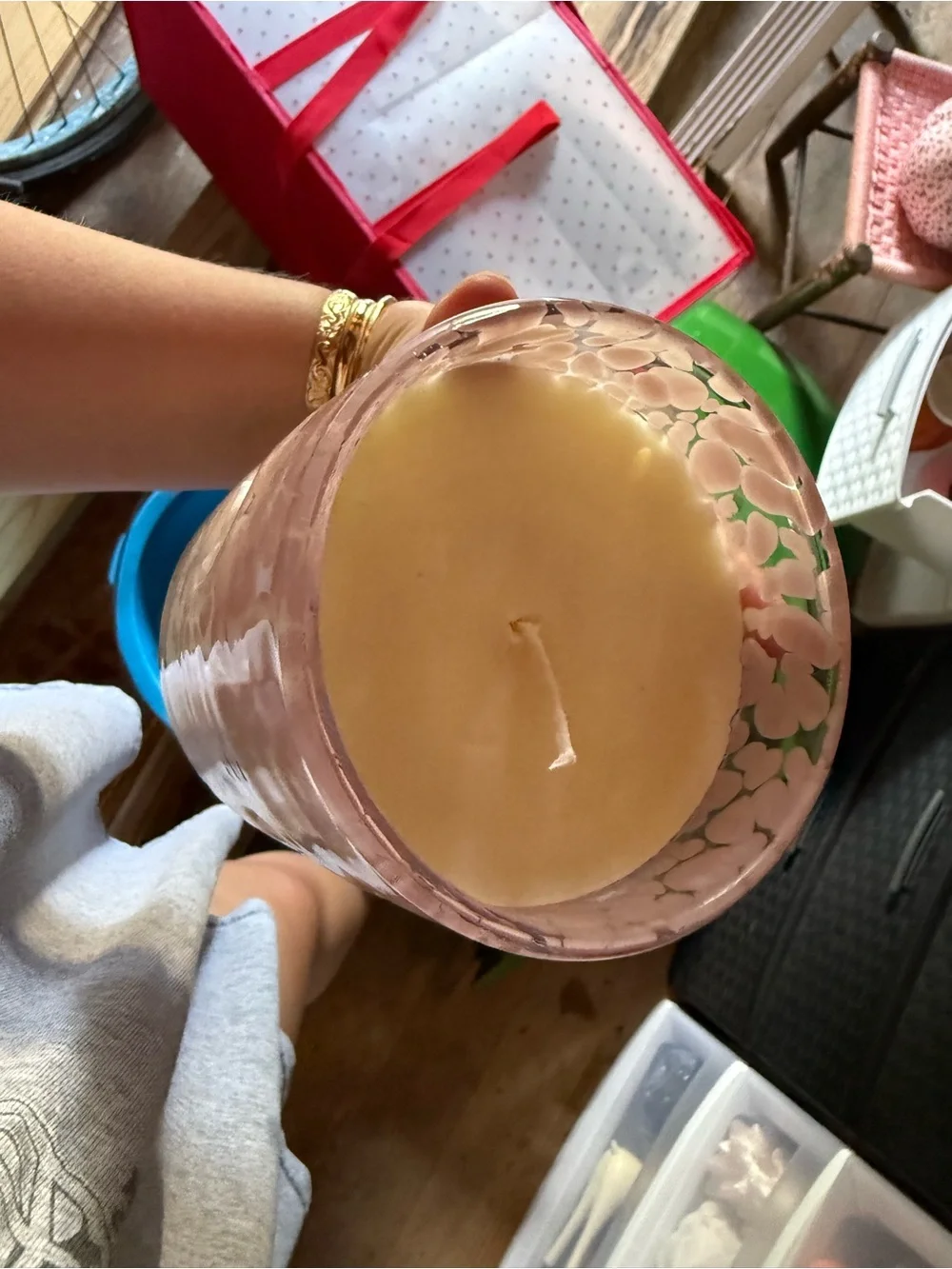 Handblown Pink Opalescent Glass candle with Ghost Motifs